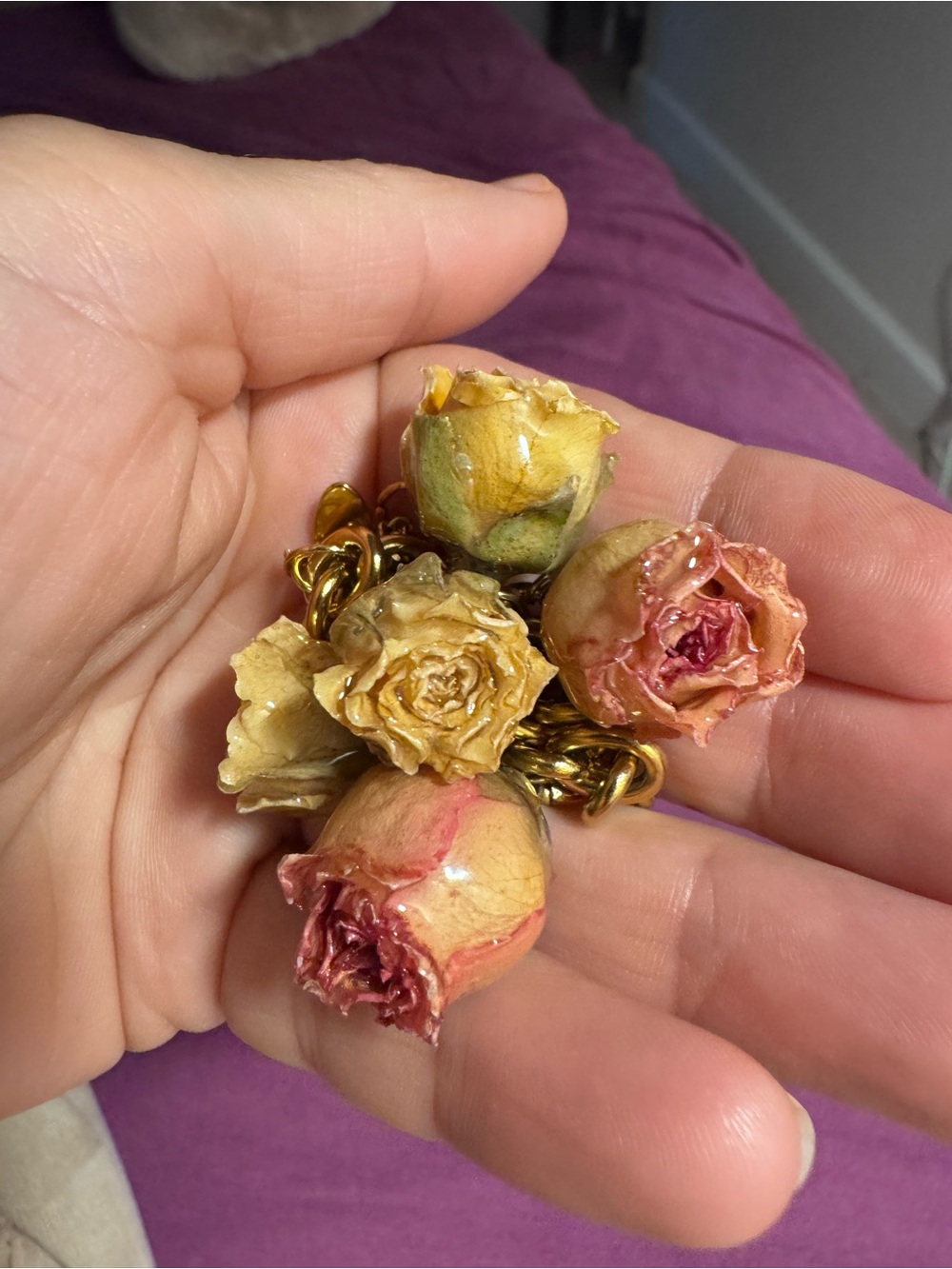 Handmade Dried Rose Cluster Bracelet - Pink and Gold